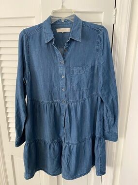LOFT Denim Chambray Tiered Button-Front Tunic Dress - Soft Blue